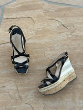 Prada Patent Leather Wedge Heels Sandals Beige Slingback Womens Size 38 Womens 8