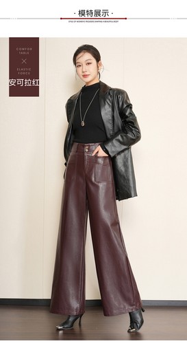 High Waist Womens Real Leather Wide Leg Long Trousers Straight Pants Casual Size - Picture 11 of 21
