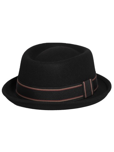 M Pork Pie Wool Felt Fedora Hat For Men Women Hats Flat Top With Ribbon Black - Picture 4 of 7
