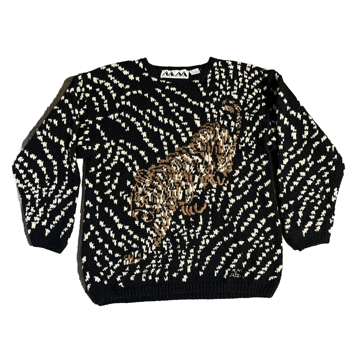 Vintage MM by Krizia Italy Tiger Dark Blue Wool Crewneck Sweater
