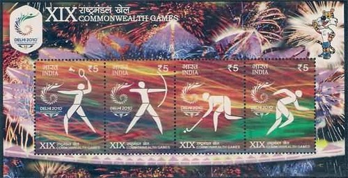 INDIA 2010 Commonwealth Games Sports Archery Hockey Badminton Miniature sheet - Picture 1 of 2