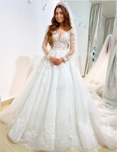 Elegant Wedding Dresses Deep V Neck Long Sleeves Lace Applique Bridal Gowns - Picture 2 of 11