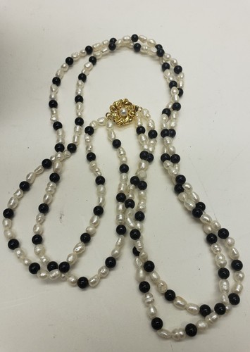 Freshwater Pearl And Black Onyx Beaded String Pearl Necklace Unique - Picture 3 of 4