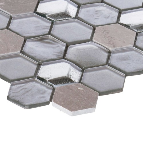 Hexagon Gray Marble Metallic Gray Silver Insert 3D Glass Mosaic Tile Backsplash - Picture 10 of 21