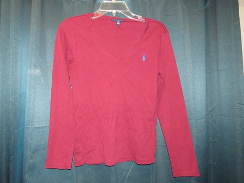 RALPH LAUREN Girls Burgundy Long Sleeve Pony Logo Tee L V Neck Embroidered - Picture 3 of 5