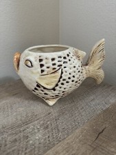 Studio Pottery Fish Planter Pot Brown Cream Tan Vintage Coastal Sponge Holder