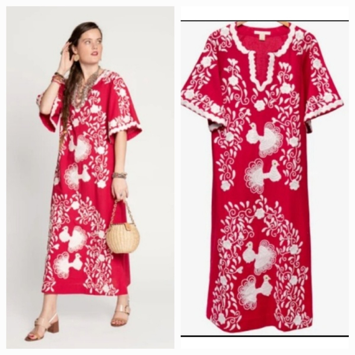 FRANCES VALENTINE Red & White Katy Peacock Caftan Maxi Dress