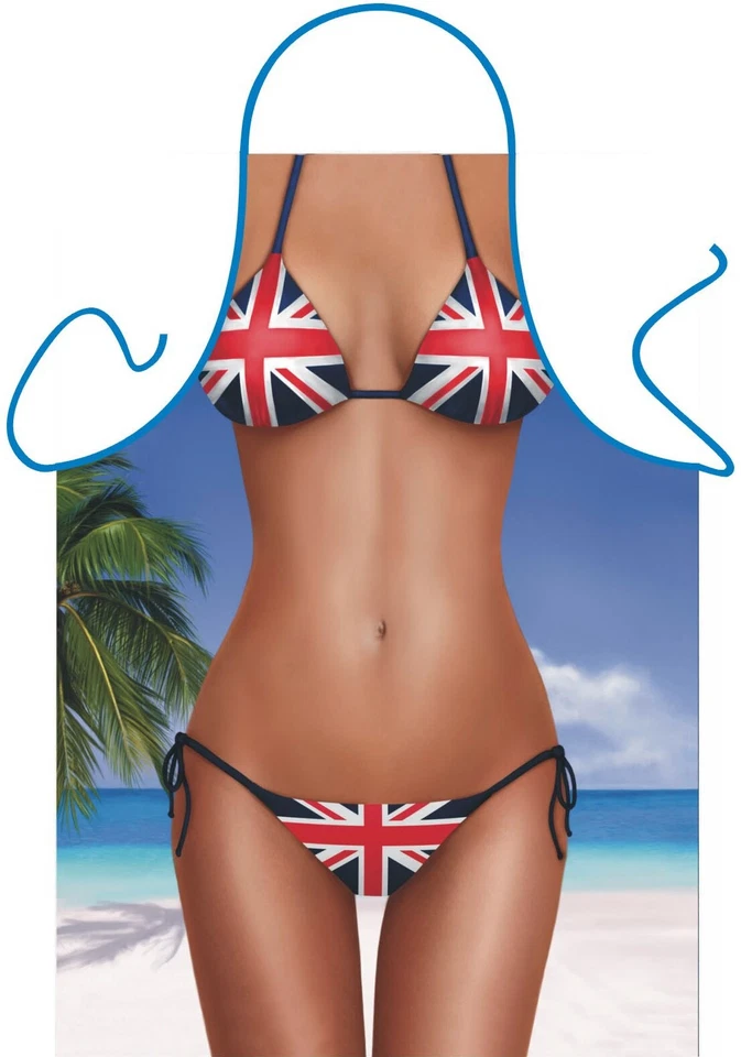 ICONIC APRONS Apron -Great Britain, Union Jack flag bikini body. Secret Santa Gift.