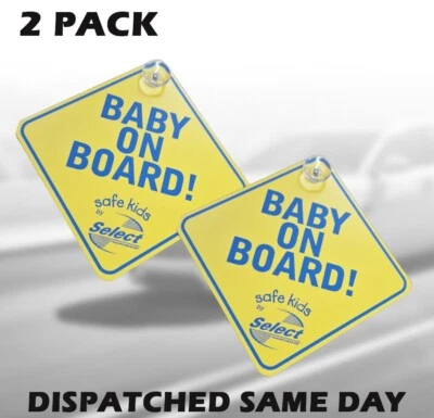 SELECT 2 x Baby on Board Car Signs Child Children Window Suction Cup Safety Warning UK