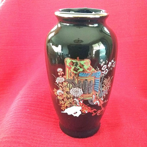 Japanese Mini Bud Vase Rickshaw Floral Glazed Brown Ceramic 4 inches