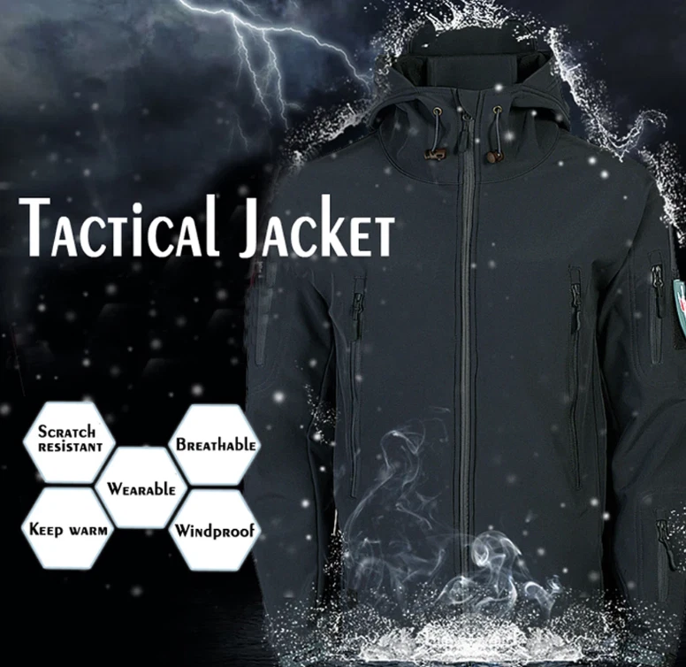 Men Tactical Jacket Soft Shell Waterproof Coat Fleece Lined Zip Up Hoodie Jacket - Image 4 of 4
