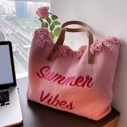Woven Canvas Beach Tassel Women's Large Capacity Tote Bag Handbag Shoulder Bag