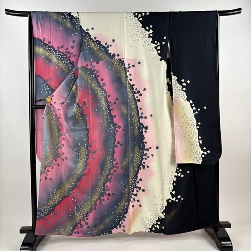 Japanischer Damen Kimono Furisode Seide Abstraktes Muster Gold Silber Folie Rosa 162 cm