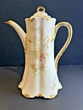 Haviland Limoges 10.25” Chocolate Pot H&Co L France Pink Roses Gold c.1888–1896