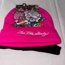Ed Hardy pink black two beanie knit hats adult size bling rhinestone new