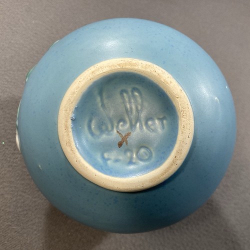Vintage Weller Keramik F-20 Kugelkrug erhabene Blume signiert - Bild 5 von 5