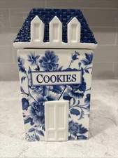 NEW Ceramic COOKIE JAR Blue White Floral Chinoiserie Vintage House Design Cute!!