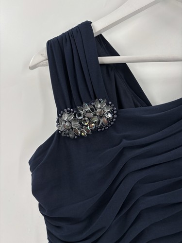 Adrianna Papell Evening Gown Womens 16 Blue Maxi Dress Ruched Jeweled Brooch - Picture 2 of 16