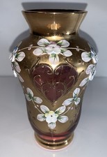 VTG BOHEMIA CZECH CRYSTAL FLOWER HEART VASE GOLD GILDED FLORAL HAND MADE 6''