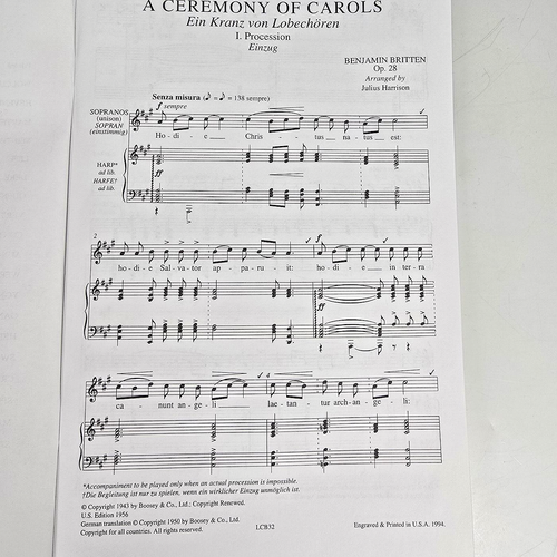 A Ceremony of Carols Op 28 SATB Benjamin Britten Vocal Harp Score Boosey Hawkes - Picture 8 of 15