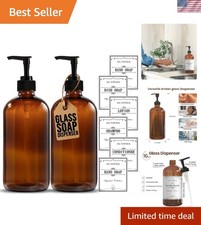 Amber Glass Soap Dispenser Set 2 Pack with Pump Waterproof Labels Bathroom Ki...