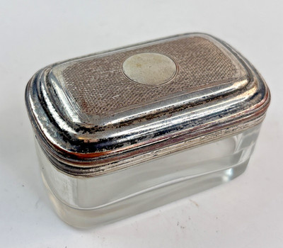 Antique Glass Jar Pillbox Travel Vanity Trinket Box with Silverplated Lid