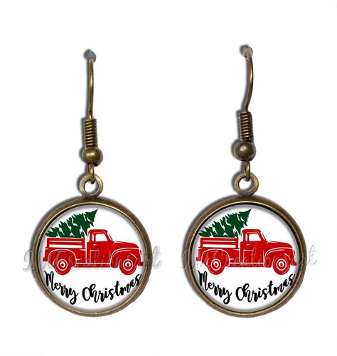 Red Truck Christmas Tree Farmhouse Handmade Resin Dangling Earrings 16MM SIZE - Picture 5 of 7