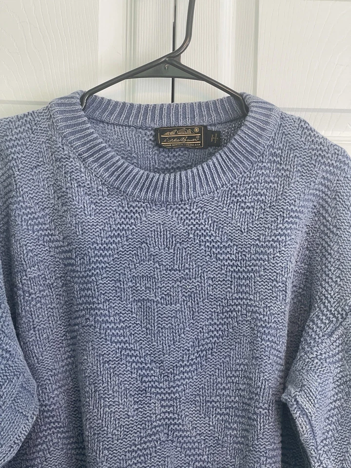 Suéter Pullover Vintage Años 90 Eddie Bauer Azul Claro Tejido con Cable Algodón Talla S Foto 2 de 4
