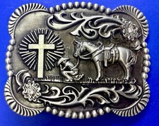 Praying Kneeling Cowboy  Horse at Cross Religious Faith Western Belt Buckle