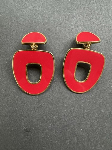 Orecchini Vintage Monet Smalto Rosso Clip On, Pendente Tono Oro, Gioielli Firmati - Foto 7 di 8
