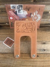 Vintage Tex Shoemaker Floral Carved Brown Leather Belt Keeper Strap White HS