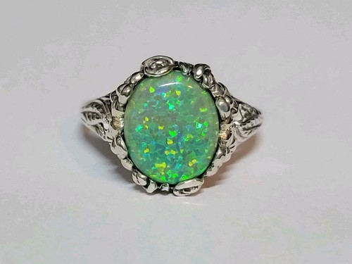 Green Fire Opal 925 Sterling Silver Vintage Style Ring Jewelry Size 8 0838 - Picture 5 of 7