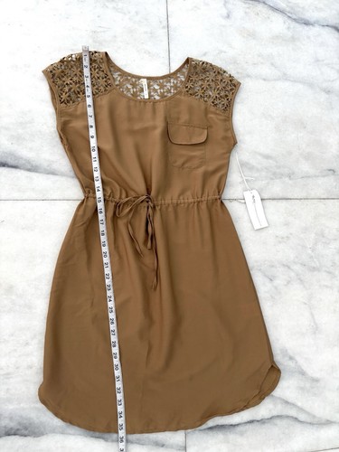 Truth NYC Dress Chiffon Brown Tan Eyelet Drawstring Waist Women Small NWT Boho - Picture 5 of 8