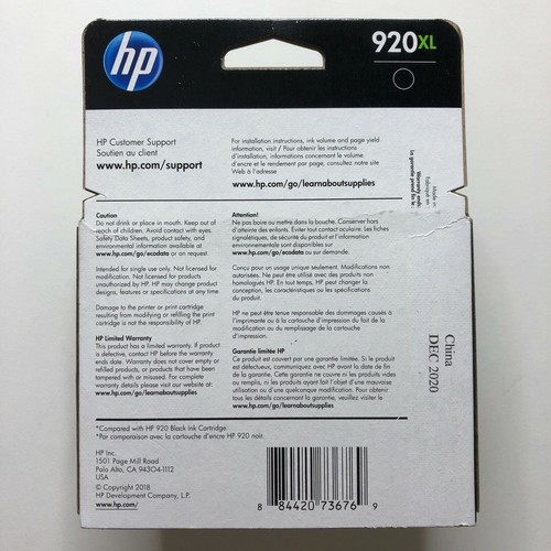 HP Genuine Original Ink Cartridge 920XL Black Factory SEALED December 2020 - Picture 2 of 2