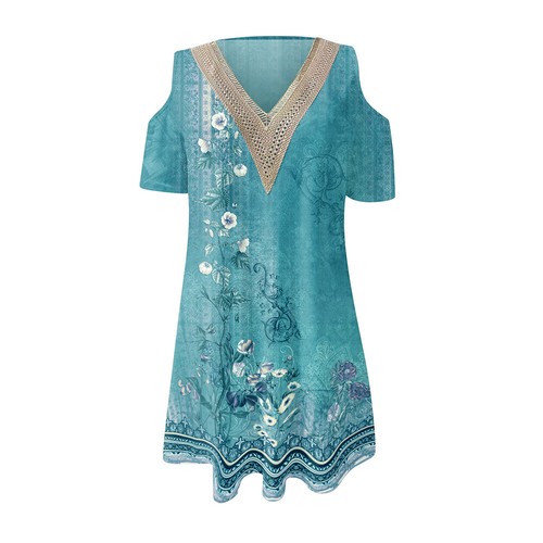 Women's Floral Cold Shoulder Mini Dress Holiday Beach Party Lace V-Neck Sundress - Picture 13 of 25