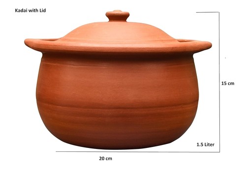 Handmade Clay Earthen Kadai Pot with Lid for Cooking & Serving Brown (1.5 Ltr).. - Picture 2 of 7