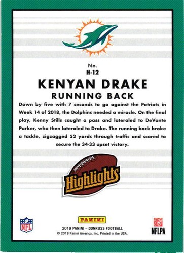 Donruss #H-12 Kenyan Drake Highlights 2019 - Imagen 2 de 2