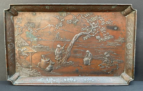 Antique Japanese copper tray with rural scene C1850