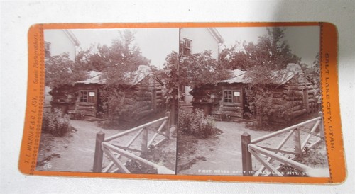 Erstes Haus Utah TE Hinshaw & CL Joy Echtfoto Stereoview Karte Salt Lake City