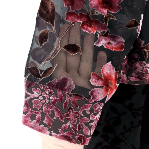 Vintage R & M Richards Black Velvet Floral Blouse Jacket Sheer Sleeves Size 8 - Imagen 4 de 9