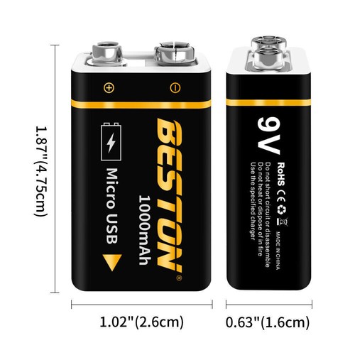 1000mAh 9V Rechargeable Batteries 9-Volt USB Charging Battery Lot Black - Picture 6 of 31