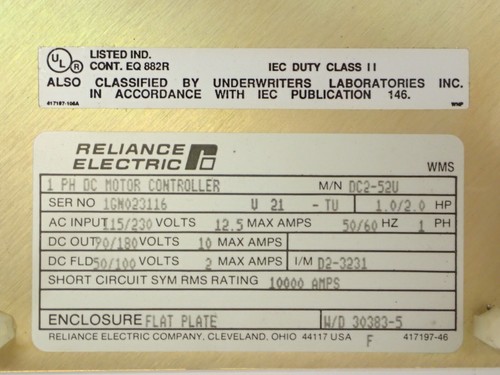 RELIANCE ELECTRIC DC2-52U 1 PH DC MOTOR CONTROLLER In115-230Vac Out90/180Vdc 10A - Picture 2 of 15