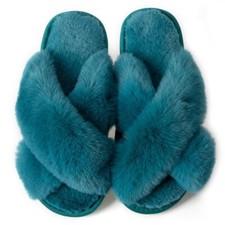 Women's Cross Band Fuzzy Slippers Fluffy Open Toe House Slippers Green US7-8