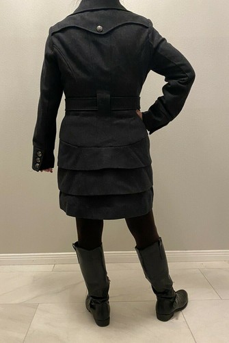Woman Guess Double Ted Grey Wool Belted Tiered Ruffled Pea Coat Size L Woman Guess Double Ted Grey Wool, Pea Coat With Ruffles On Bottom