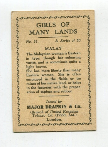 1929 MAJOR DRAPKIN & CO. CIGARETES GIRLS OF MANY LANDS TOBACCO CARD #31 MALAY - Picture 2 of 2