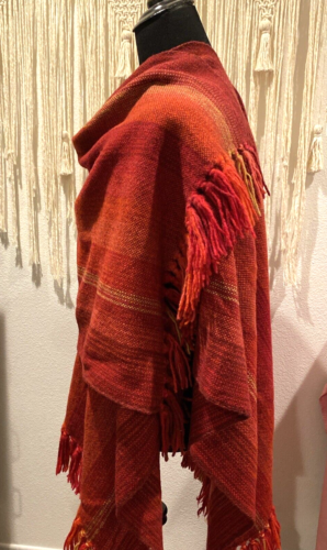 Alpaca Wool Poncho Wrap Women Handmade Red Magenta Orange 47.5x35 Boho Colorful - Picture 3 of 11