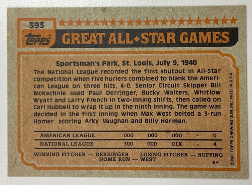 1983 TOPPS MLB CARLTON FISK Chicago White Sox ALL-STAR BASEBALL CARD #393 - Picture 2 of 2