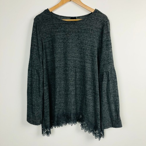 Camicia donna Angels manica lunga maglia orlo pizzo tinta unita grigio scollo a scoop taglia XL