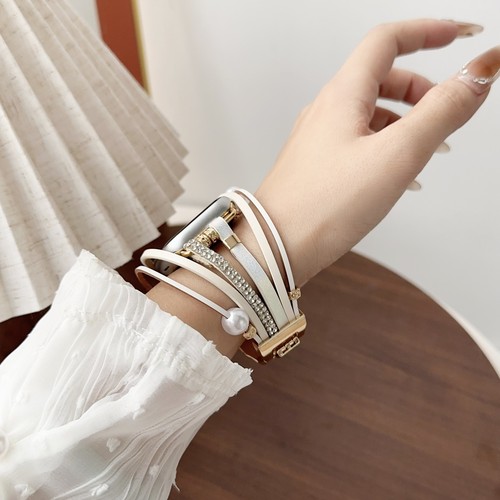Stylish Beaded Leather Bracelet Watch Band For iWatch Series 9 8 SE 7 6 5 4 3 2 - Picture 5 of 15