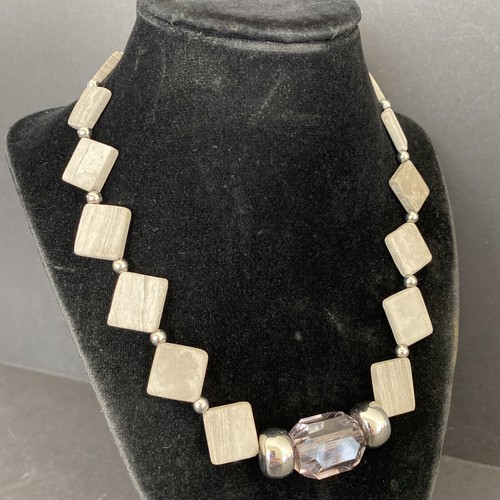 Vintage Grey Square Stone Tiles Silver Toned Clear Gem Pendant Necklace 17" - Picture 1 of 11